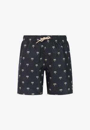 Shorts de bain noirs avec motif de palmiers blancs et cordon beige à la taille élastique.