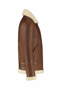 Braune Lederjacke mit einem Schafsfellkragen. Bietet ein schlankes Design, strukturierte Oberfläche und kontrastierende cremefarbene Schafsfellakzente.
