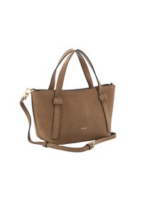 Sac à main en daim marron avec deux poignées courtes, une bandoulière amovible et des accents en métal doré. Design simple et structuré avec logo en relief.