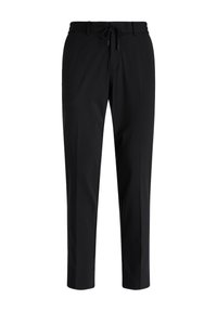 Melnas bikses, kas izgatavotas no gludas auduma, ar savelkamu jostu, sašaurinātām kājām un bez redzamām kabatām. Vienkāršs un daudzpusīgs dizains.