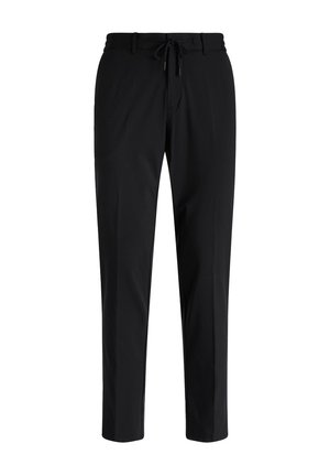 Czarne spodnie wykonane z gładkiego materiału, z elastycznym pasem ze sznurkiem, zwężającymi się nogawkami i bez widocznych kieszeni. Prosty i uniwersalny design.