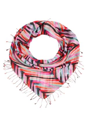 Trójkątny szalik z wielokolorowymi ukośnymi paskami w różowym, czerwonym, czarnym i morskim kolorze, z frędzlami na brzegach.