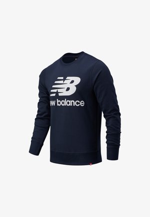 Navy blue sweatshirt made of cotton blend, featuring a large white "NB" logo and text "new balance" on the front. Ribbed cuffs and hem.