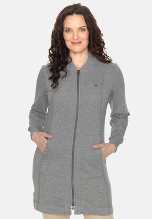Grijze zip-up cardigan met lange mouwen, twee voorzakken, geribbelde manchetten en een klein logo-accent. Gemaakt van zachte, gestructureerde stof.