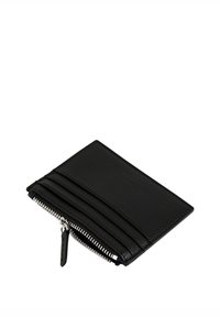 Schwarze Lederbörse mit Reißverschluss, mehreren Kartenfächern, strukturiertem Oberflächenmaterial und silbernen Hardware-Akzenten.