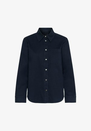 Marineblaues Hemd mit Knöpfen aus robustem Stoff, ausgestattet mit einem spitzen Kragen, einer Brusttasche und Druckknopf-Details an der Vorderseite.