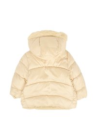 Kremowa, padded kurtka dla malucha z kapturem, podszewka z miękkiego, puszystego materiału, widoczna z tyłu na białym tle.