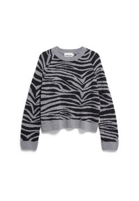 Grauer Pullover mit schwarzen Zebrastrahlen. Verfügt über einen gerippten Rundhalsausschnitt und Rippbündchen. Der Stoff wirkt weich und hat einen cropped, lockeren Schnitt.