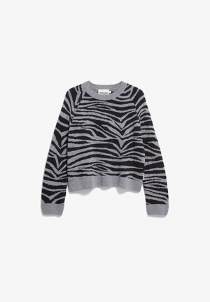 Grauer Pullover mit schwarzen Zebrastrahlen. Verfügt über einen gerippten Rundhalsausschnitt und Rippbündchen. Der Stoff wirkt weich und hat einen cropped, lockeren Schnitt.