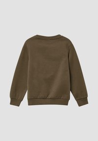 Oliwkowa bluza w kolorze z miękkiej tkaniny, z okrągłym dekoltem, długimi rękawami oraz prążkowanymi mankietami i dołem. Prosty, jednolity design.