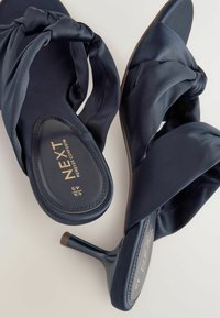 Tumši zili augstpapēžu sandales ar savērptām samta siksniņām, gludu zoli un spīdīgu papēdi. Iekšējā zoles daļā ir "NEXT" zīmols.