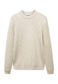 Pullover lavorato a maglia color crema con un motivo a diamante testurizzato, polsini e orlo a coste, e un classico scollo a giro.