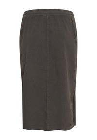 Jupe gris foncé longueur genou avec taille élastique et couture centrale, avec une fente latérale sur le côté droit.
