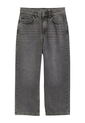 Jean baggy gris foncé avec bouton et zip à l'avant, passants de ceinture, et deux poches avant sur fond blanc.