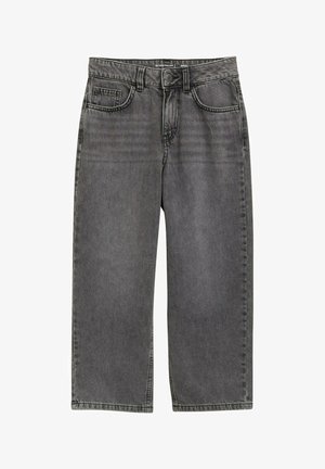 Donkergrijze baggy jeans met een voorste knoop en ritssluiting, riemlussen en twee voorzakken op een witte achtergrond.