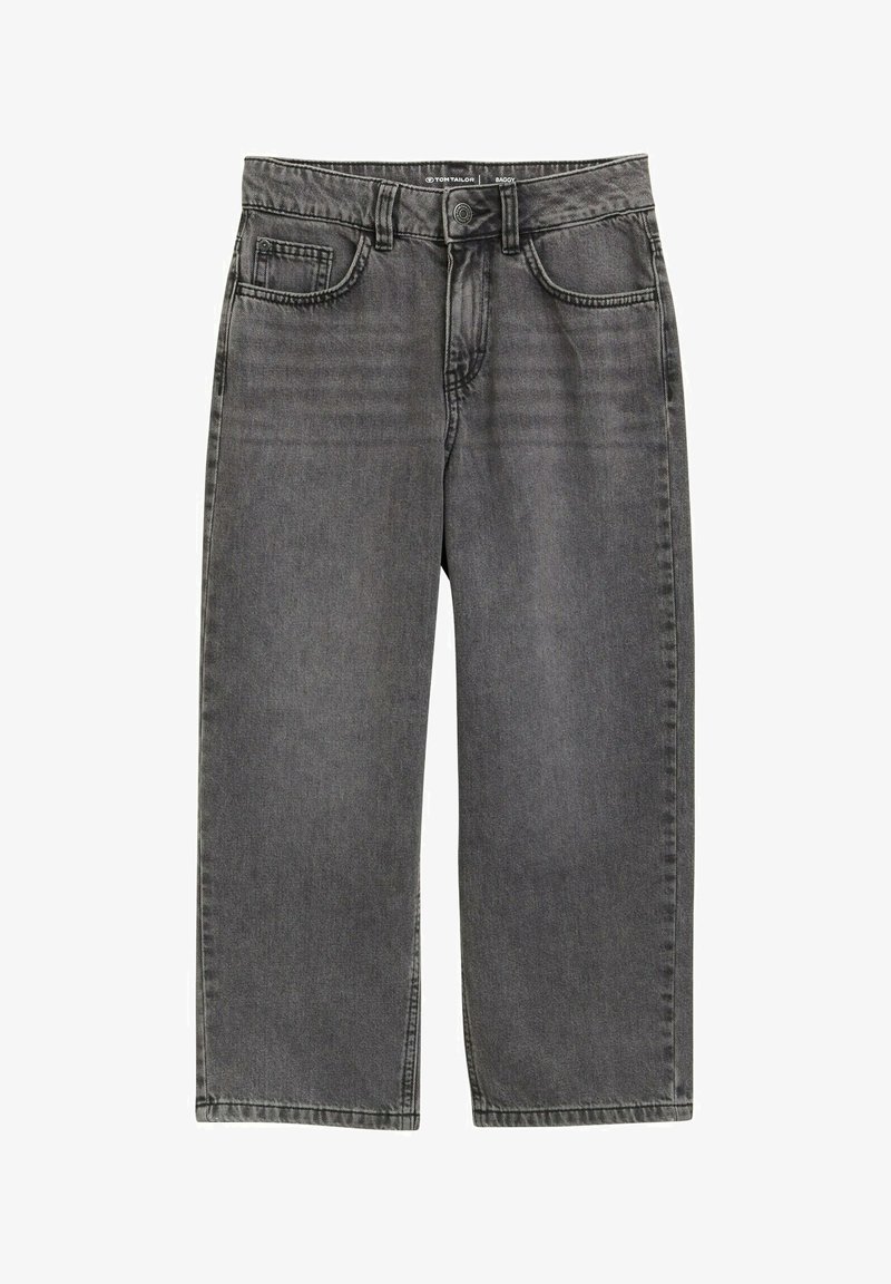 Vaqueros anchos de color gris oscuro con botón y cremallera en la parte frontal, presillas para cinturón y dos bolsillos delanteros sobre un fondo blanco.