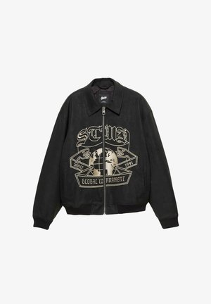 Zwarte zip-up jack met kraag, geborduurd wereldbol en banner met de tekst "Sinds 1991 Wereldtoernooi" in beige op de voorkant.