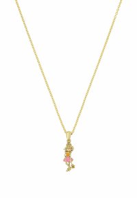 Collana d'oro con una catena sottile e un ciondolo che raffigura una ragazza stilizzata in rosa con un accento a forma di stella, caratterizzata da superfici lisce e colori vivaci.