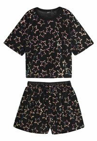 Svart kortärmad topp och shorts-set med ett flerfärgat paljettstjärnmönster, tillverkad av mjukt tyg, med en elastisk midja.