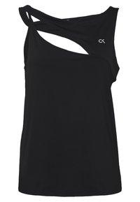 Svart ärmlös topp med en asymmetrisk design. Tillverkad av ett mjukt tyg med utskärningsdetaljer och en liten logotyp på övre vänstra sidan.