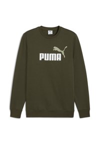 Olivengrøn sweatshirt lavet af blødt stof, med et stort hvidt "PUMA" logo og en puma-silhuet på fronten. Ribbet manchetter og kant.