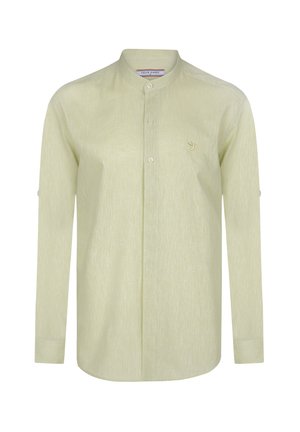 Hele kollane pikkade varrukatega särk mandariinikaelusega, millel on peen tekstuur ja väike tikandloga rinnaosas.