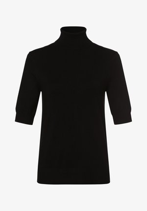 Black turtleneck sweater with short sleeves, made of a soft knit material, featuring a fitted design and ribbed accents at the collar and hem.