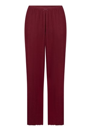 Burgundy lounge pants with a relaxed fit, elastic waistband, and small bow detail. Smooth texture, straight legs, and scalloped hem.