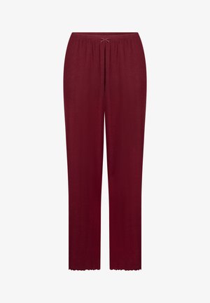 Bordeauxrode loungebroek met een relaxte pasvorm, een elastische tailleband en een klein strikdetail. Gladde textuur, rechte pijpen en een scalloped zoom.