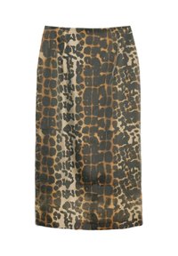 Gonna fino al ginocchio con silhouette aderente, caratterizzata da un motivo astratto marrone e verde su sfondo beige. Tessuto liscio, vita nascosta.