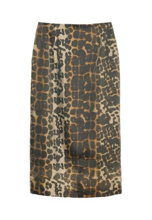 Gonna fino al ginocchio con silhouette aderente, caratterizzata da un motivo astratto marrone e verde su sfondo beige. Tessuto liscio, vita nascosta.