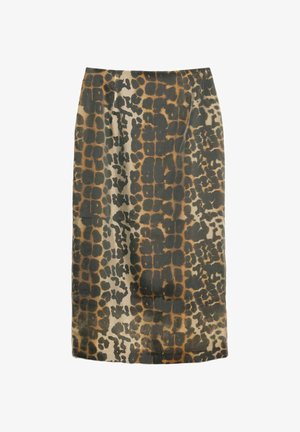 Knielanger Rock mit einer figurbetonten Silhouette, der ein braun-grünes abstraktes Muster auf beigem Hintergrund zeigt. Glattes Material, versteckter Bund.