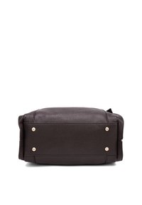 Borsa in pelle marrone scuro con superficie texture, forma rettangolare e dettagli in hardware color oro sul fondo.