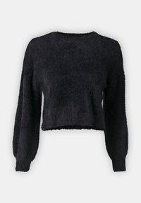 Czarny krótkie sweter wykonany z miękkiego, puszystego materiału; ma długie rękawy w kształcie balonów oraz okrągły dekolt, z fakturowaną powierzchnią.