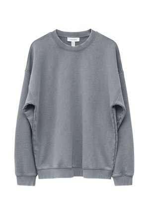 Grey crewneck sweatshirt with long sleeves, ribbed cuffs, and hem, displayed against a white background.