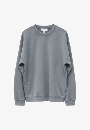 Grey crewneck sweatshirt with long sleeves, ribbed cuffs, and hem, displayed against a white background.