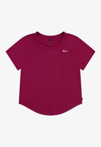 T-shirt corto a maniche corte color porpora con colletto rotondo, tessuto morbido e orlo curvo. Presenta un discreto logo bianco "Levi's" sul davanti.