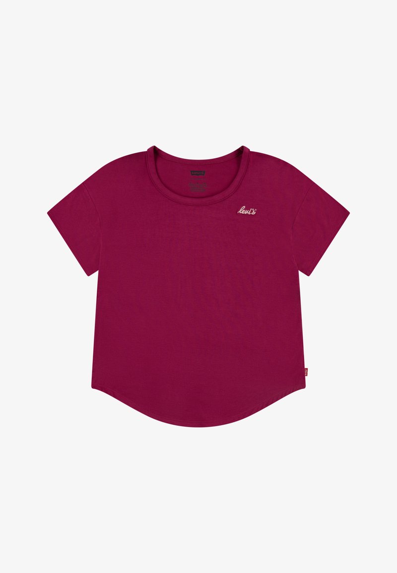 weinrotes T-Shirt mit kurzen Ärmeln und rundem Halsausschnitt, aus weichem Stoff und mit abgerundetem Saum. Auf der Vorderseite befindet sich dezent das weiße "Levi's"-Logo.