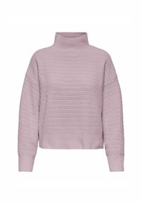 Un pull en tricot violet clair avec un col montant, un design court, un tissu texturé et des poignets et un ourlet côtelés.