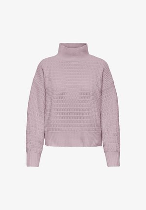 Helllila gestrickter Pullover mit hohem Kragen, cropped Design, strukturiertem Stoff und gerippten Bündchen und Saum.