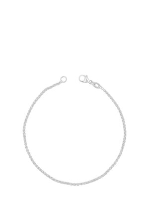 Zartes Silberkettenarmband mit verdrehten Gliedern und Karabinerverschluss auf weißem Hintergrund.