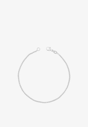 Delicato bracciale a catena in argento con maglie ritorte e chiusura a moschettone su sfondo bianco.