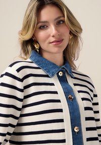 Gestreepte cardigan in marineblauw en crème met een denim kraag, gouden knopen en een zachte textuur. Het ontwerp is casual en modern.