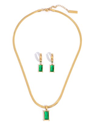 Gold chain necklace and matching hoop earrings, each featuring a rectangular green gemstone centerpiece.