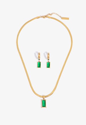 Gold chain necklace and matching hoop earrings, each featuring a rectangular green gemstone centerpiece.