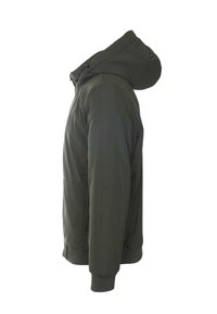 Giacca con cappuccio verde scuro con cerniere frontali, polsini a costine e orlo a costine, mostrata di profilo su sfondo bianco.