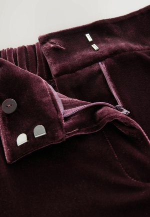 Burgundské sametové kalhoty s ukrytým zipem, mají knoflíkovou pří closure a kovové akcenty. Měkká textura s plisovaným detaily v pase.