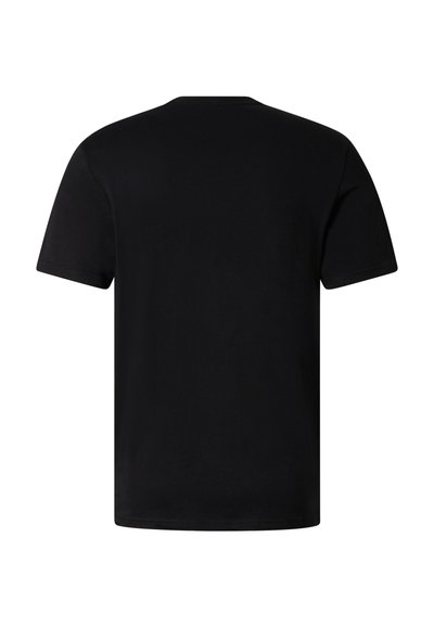 Ensfarvet sort kortærmet bomulds-T-shirt vist bagfra med rund halsudskæring og almindelig pasform.