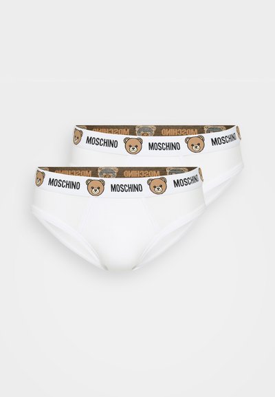 Weiße Baumwollslips mit einem gemusterten Bund, der ein Bärenmotiv und die "Moschino"-Marke in Schwarz und Gold zeigt.
