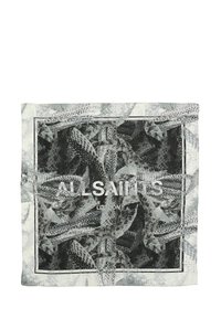 Foulard quadrato con stampa di serpente in bianco e nero e logo centrale "ALLSAINTS LONDON". Tessuto leggero con una texture liscia.